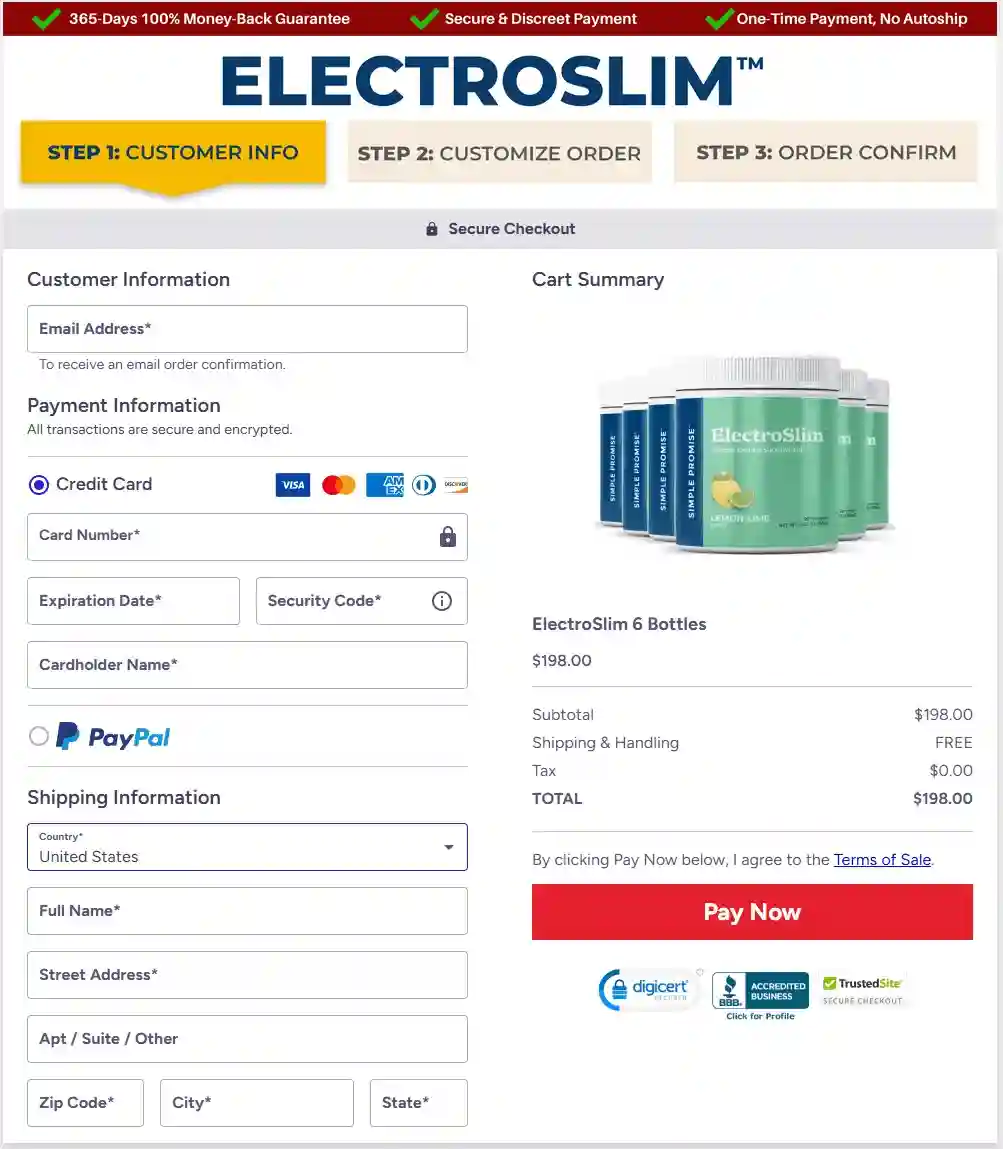 ElectroSlim secure checkout page for official online order
